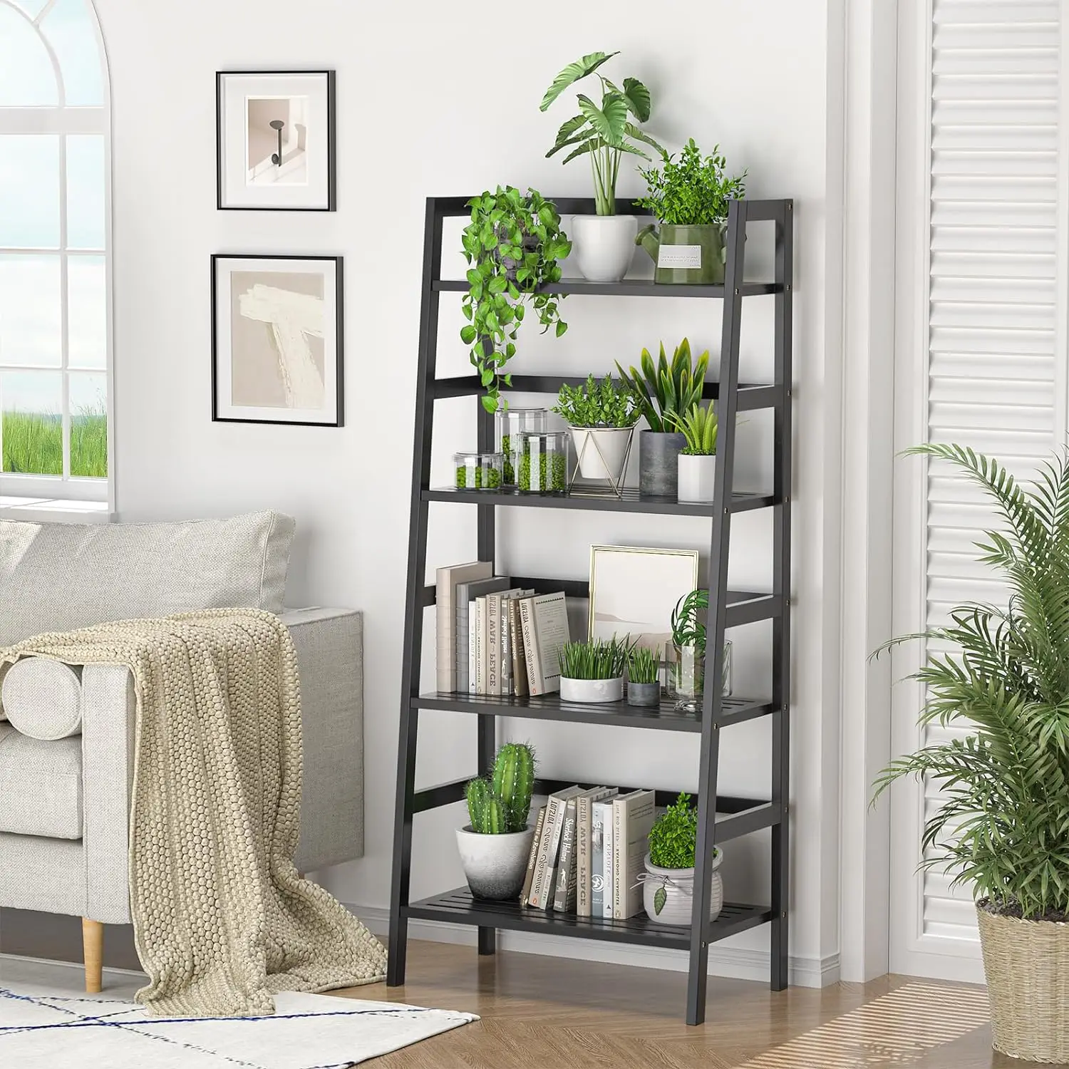 Homykic Bamboo Bookshelf 4-Tier Ladder Shelf 49.2” Freestanding Open Bookcase Book Shelf Bathroom Storage Shelf Unit Plant Stand