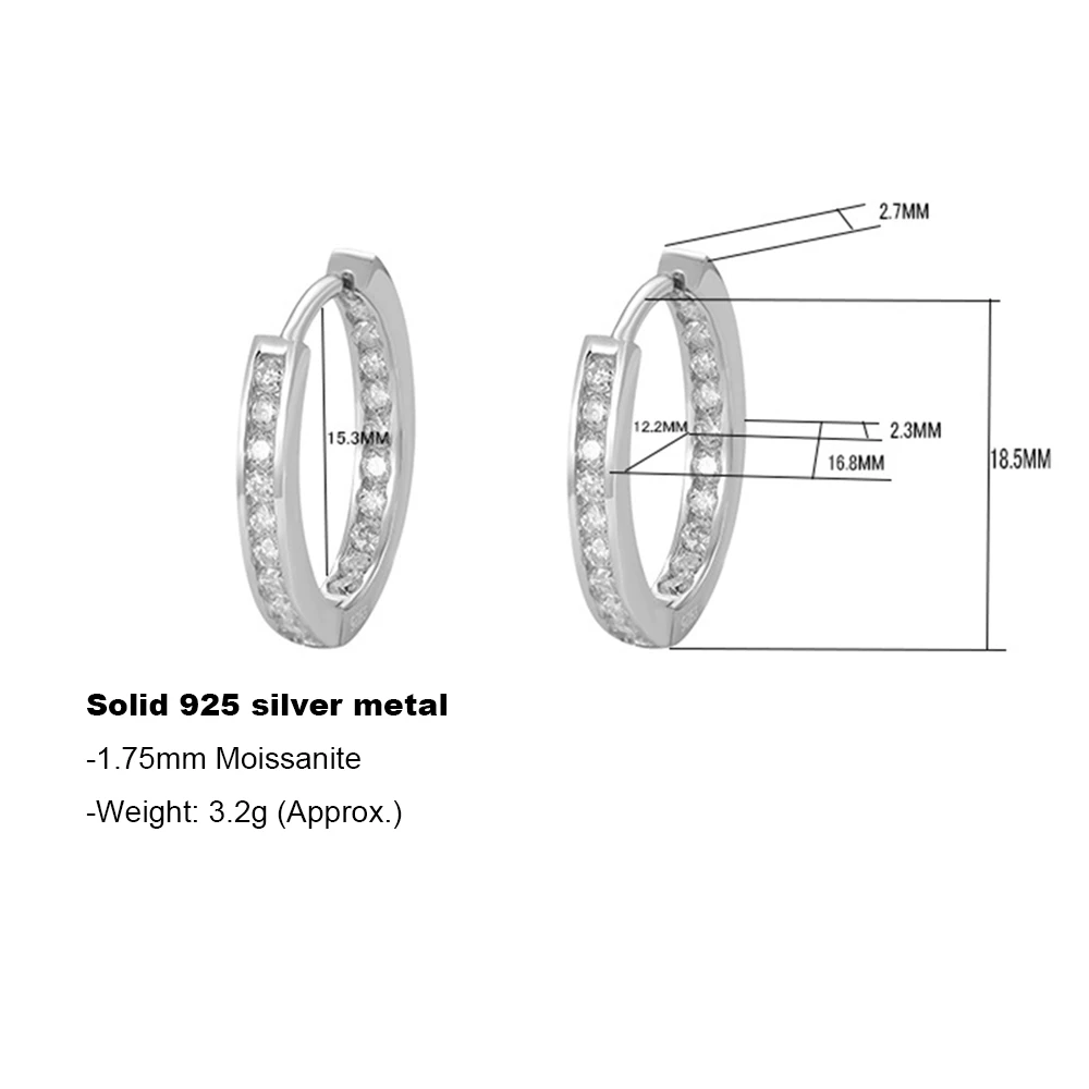 YLMyself 925 Sterling Silver Moissanite Hoop Earrings 1.75mm Oval Shape 15mm Luxury Elegant Fine Jewelry 3.2g