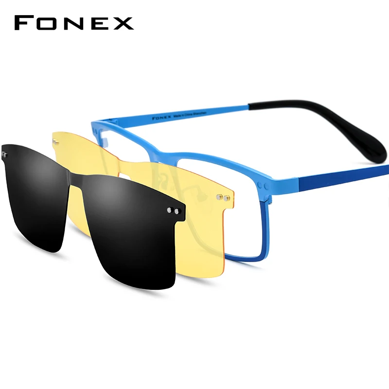 

FONEX Titanium Glasses Frame Men Square Magnet Clip Eyeglasses with Night Vision & Polarized Lens F85776