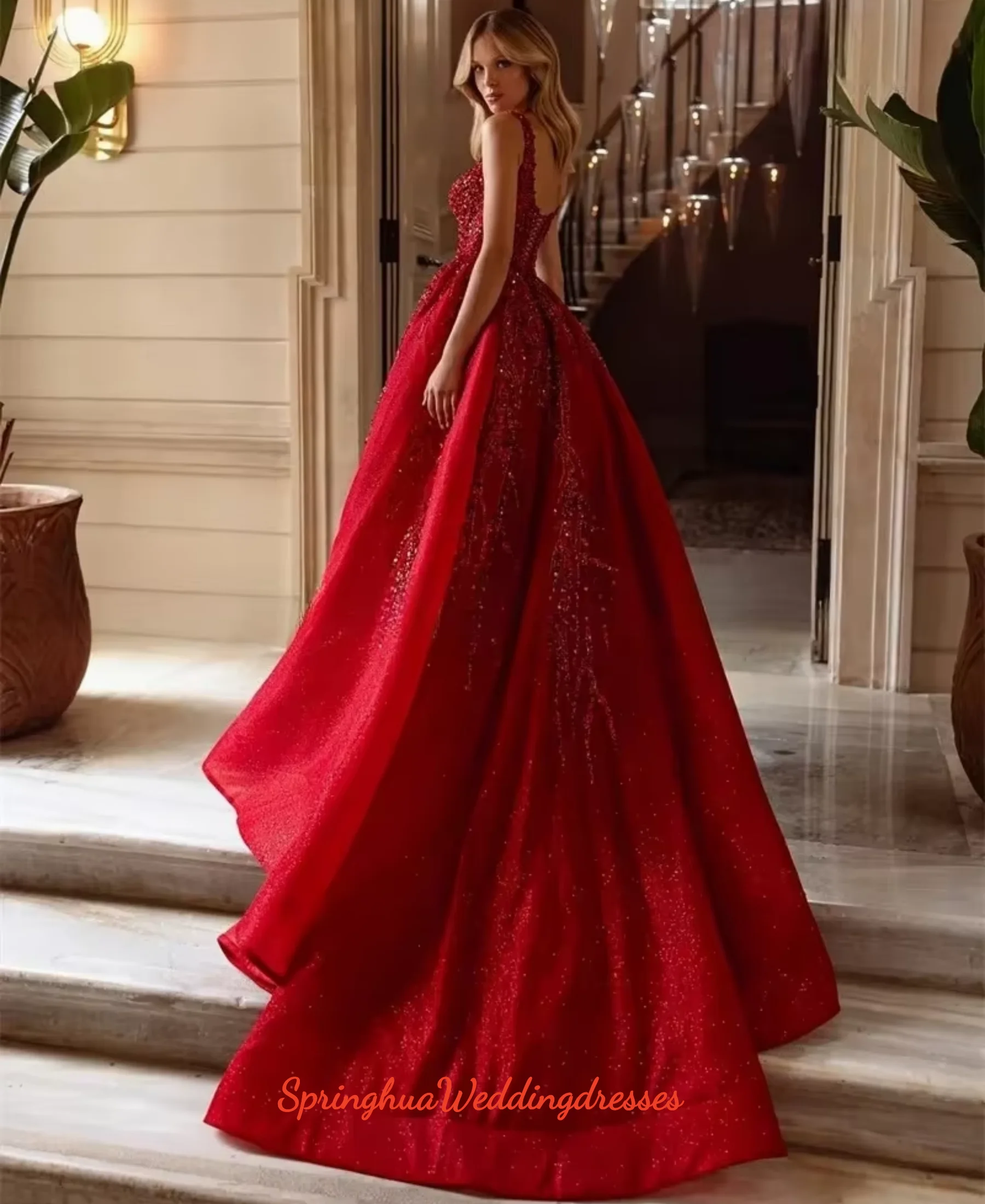 Customized Luxury A-Line Red Prom Dress Backless Party Gowns Sweetheart Side Split Floor-Length Evening Dress Vestidos De Novia