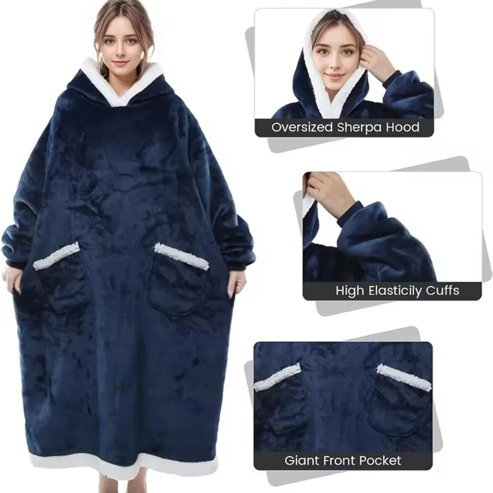 

Extra Long Wearable Blankets Winter Flannel Hooded Blanket with Full Sleeves Men Women Cozy Soft Throw Adult TV Blanket
