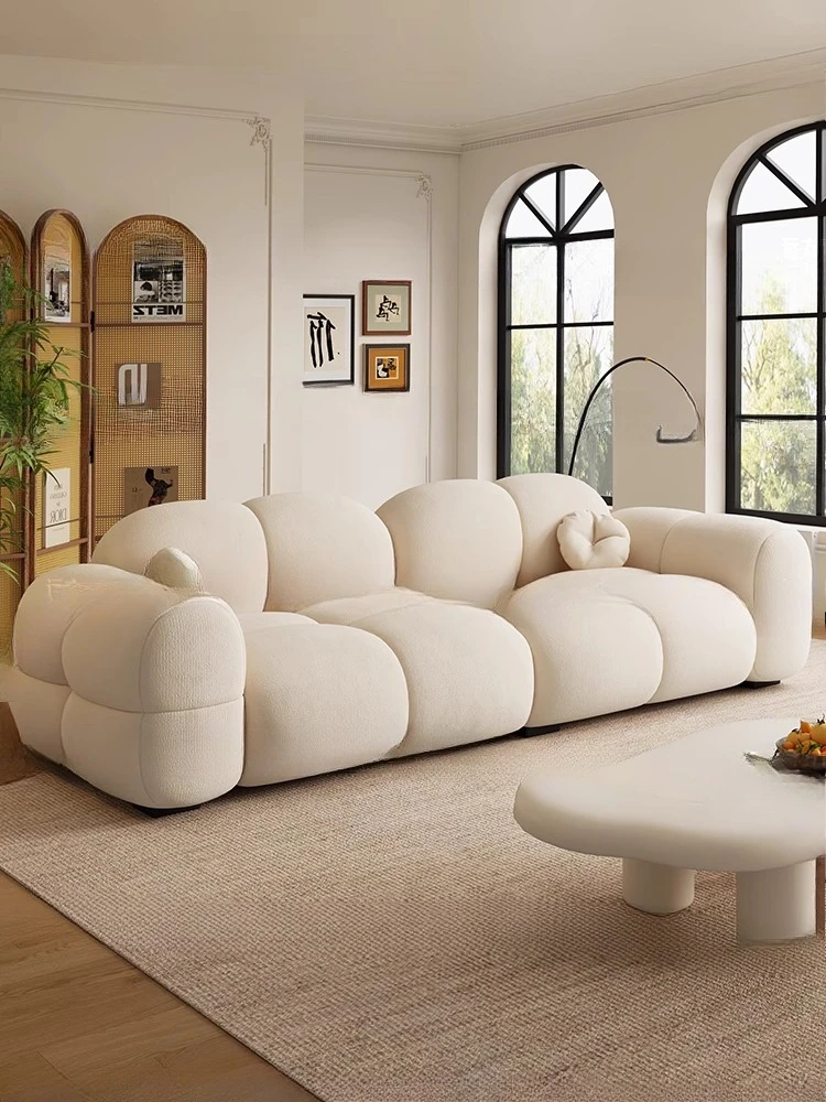 

Cream wind ins jelly sofa, living room size apartment, rental house apartment straight row puff fabric sofa