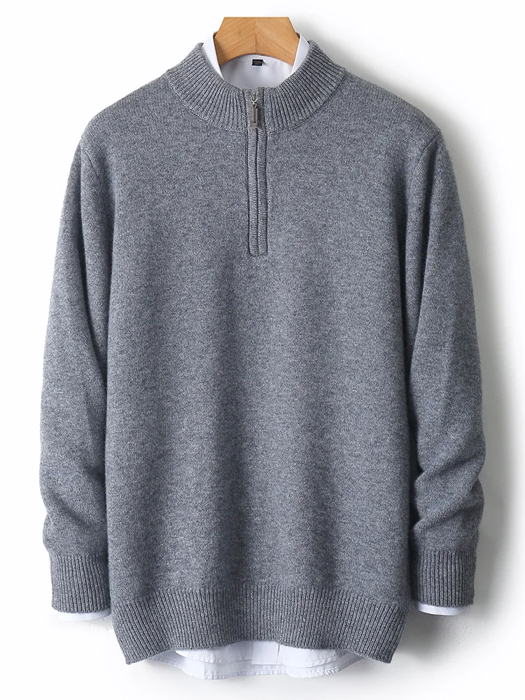 Autumn Winter Men's Mock Neck Pullover 100% Merino Wool Knitted Sweater Turn-Down Collared Zipper Casual Loose Warm Clothes