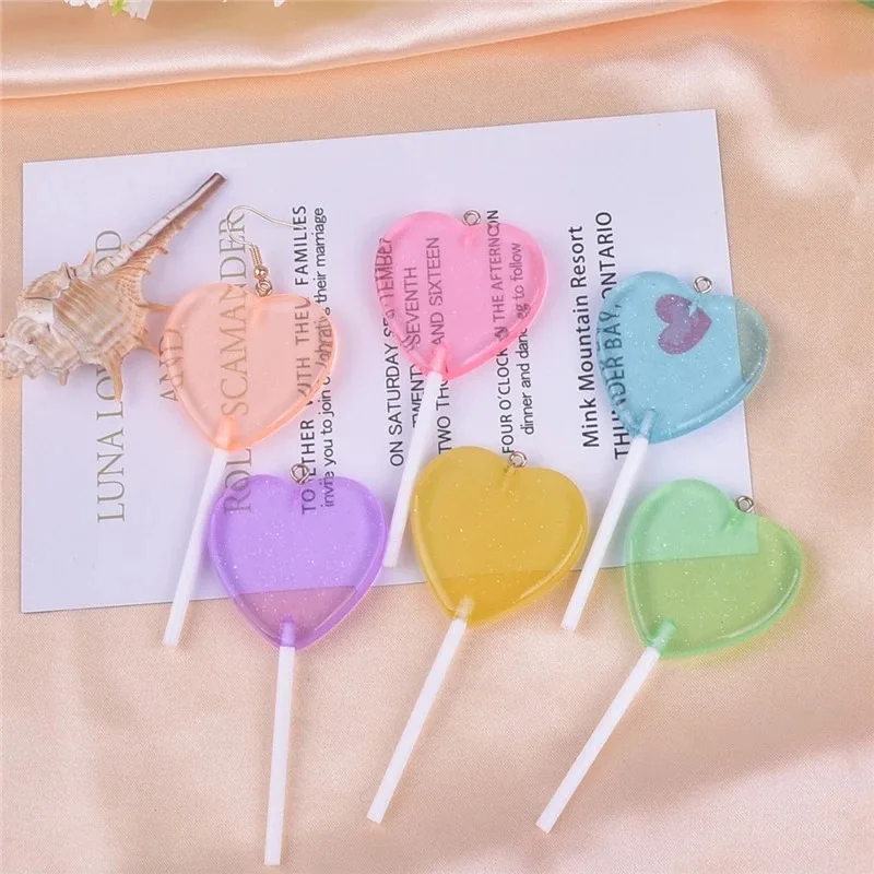 10Pcs Bling Glitter Heart Lollipop Charms Resin Imitated Candy Pendants with Loops for Jewelry Making Accessories 80x36mm