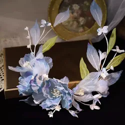 New Blue Gradual Change Iris Mori Retro Headdress Wreath Bride Oil Painting Style Photo Style Hair Accessories