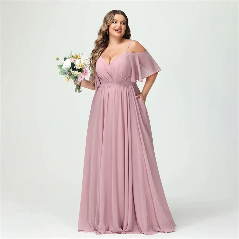 Customise Plus Size A Line Chiffon V Neck Sashes Pleat Elegant Off Shoulder Bridesmaid Dresses Wedding Party Evening Formal Prom