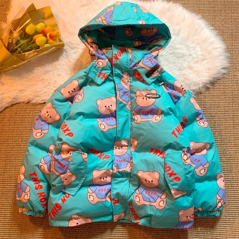 2024 Winter Down Cotton Jacket Women Cartoon Printing Zipper Loose Padded Coat Female Solid Thickening Warm Puffer Parkas Jacket