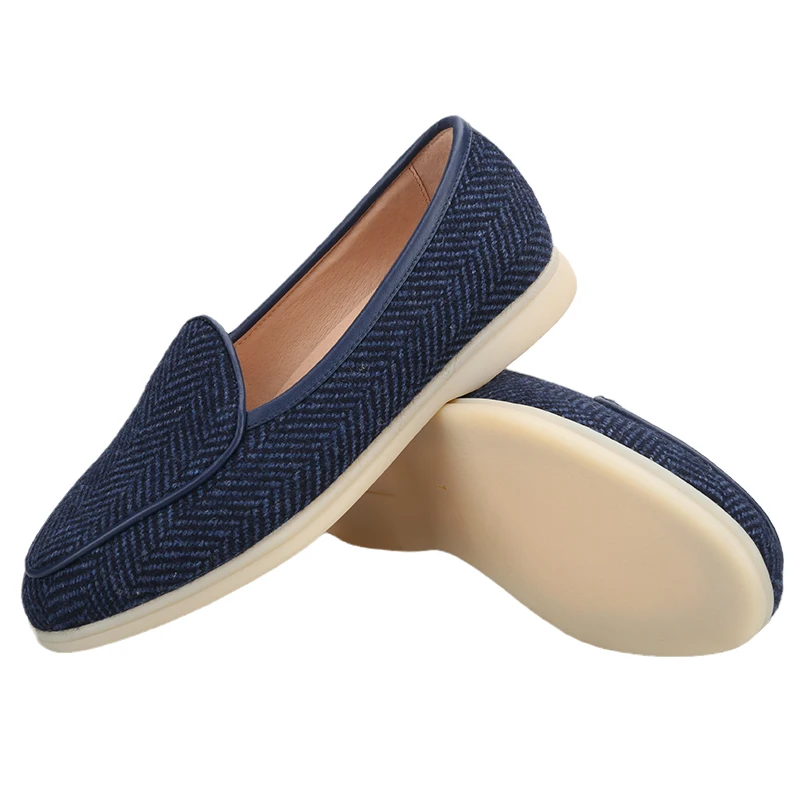 Piergitar Luxury Style Navy Blue Imported Wool Classic Herringbone Pattern Summber Walk Shoes Slip-On Model Men's Casual Shoes