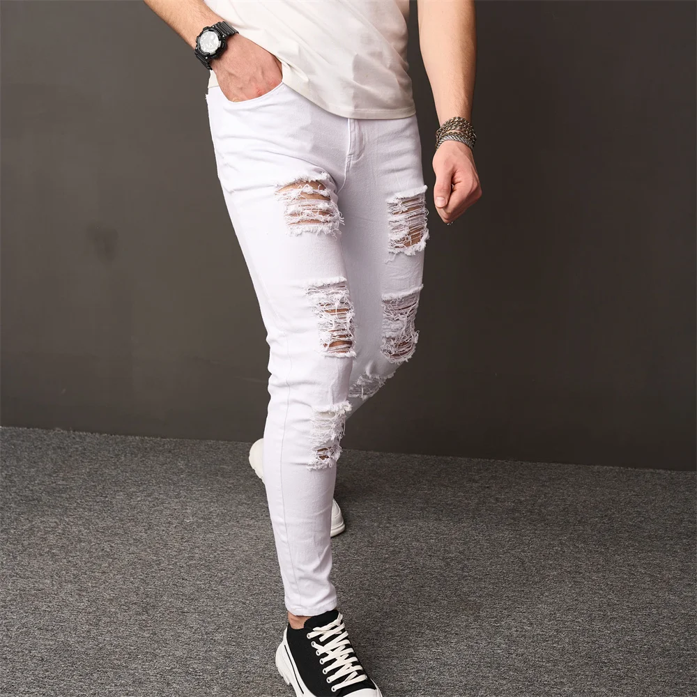 Men Street style Holes Skinny Beggar Jeans Good Quality Distressed Men\'s Slim Pencil Denim Pants Male Clothing