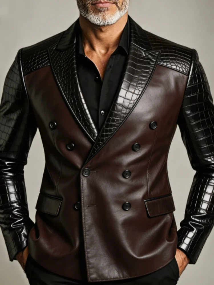 Men Two‑Tone Croc Pattern Lapel Double‑Breasted Daily Street Blazer