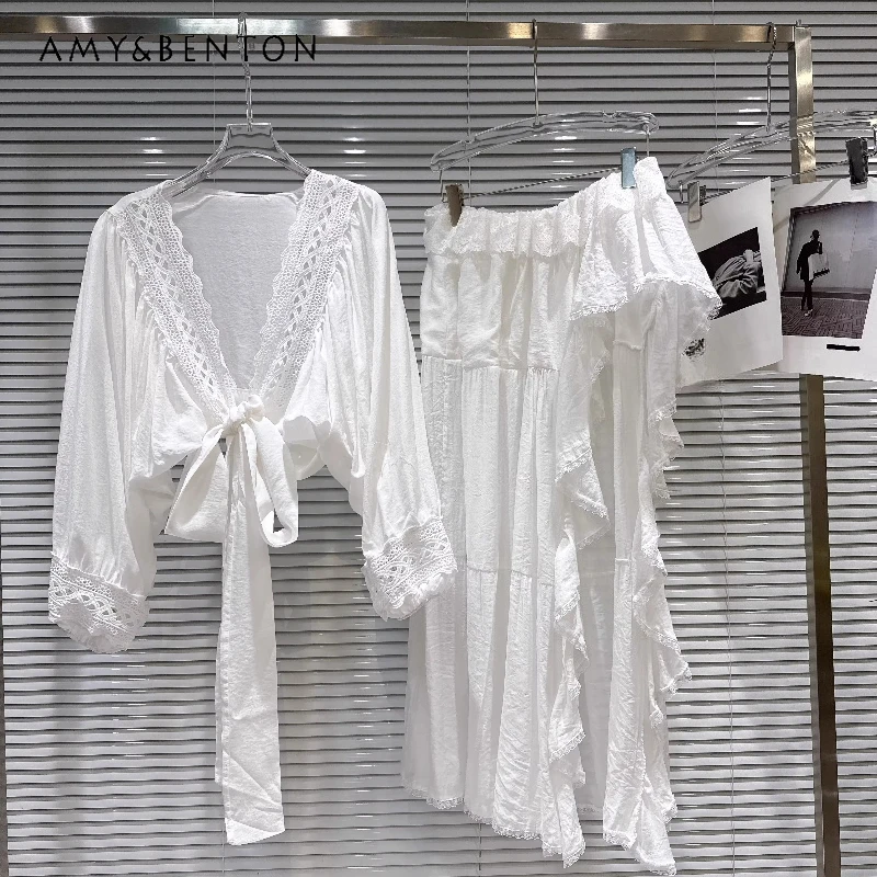 

2026 Spring New Casual Vacation V-neck Tie Women's Shirt Tops Vintage Design White Slanted Hem Skirts Sweet Cool Sets Ladies