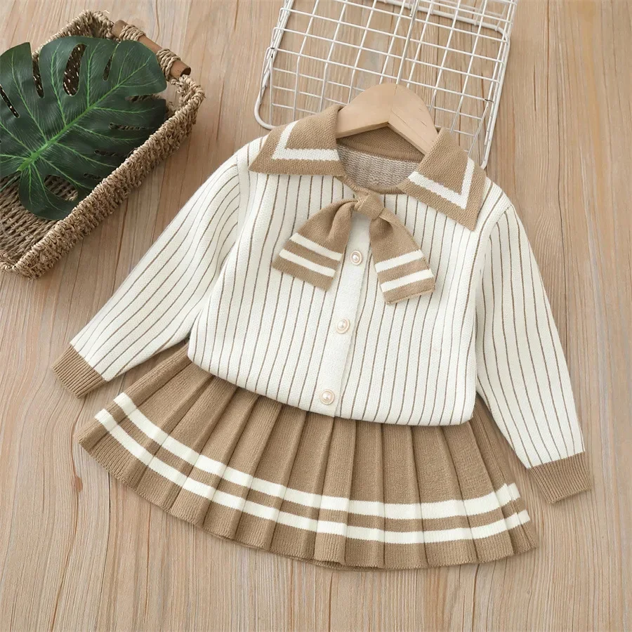

Children's Clothing Sets Striped Bow Top + Pleated Skirt 2pcs Sets Spring Clothes for Girls 2 To 6 Years Sweater Korean Style