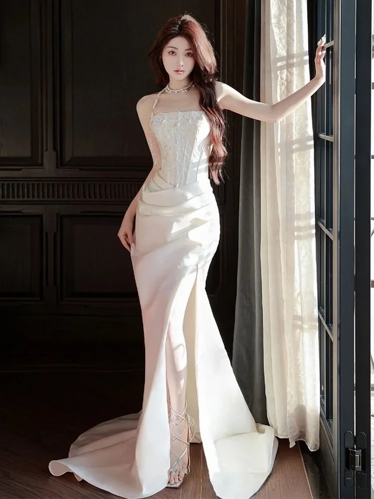 Tube Top No. 22 Light Wedding Dress Bridal Satin Simple Outing Veil Niche Welcoming Fishtail Evening Dress Skirt