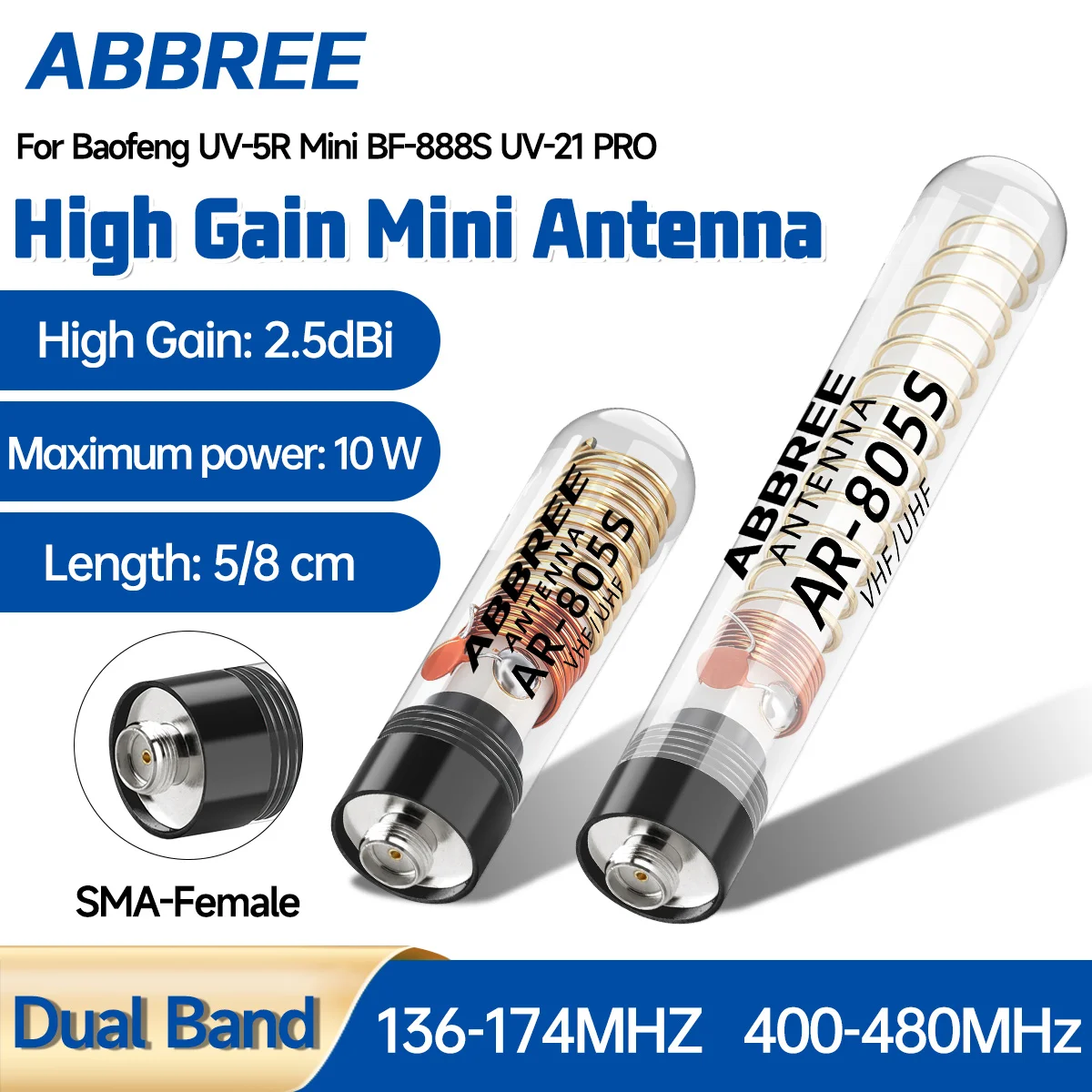 Image of ABBREE Transparente AR-805 Plus AR-805S Dualband-Antenne mit hoher Verstärkung, SMA-Buchse, große Reichweite für Baofeng UV-5R UV-21 PRO Amateurfunk