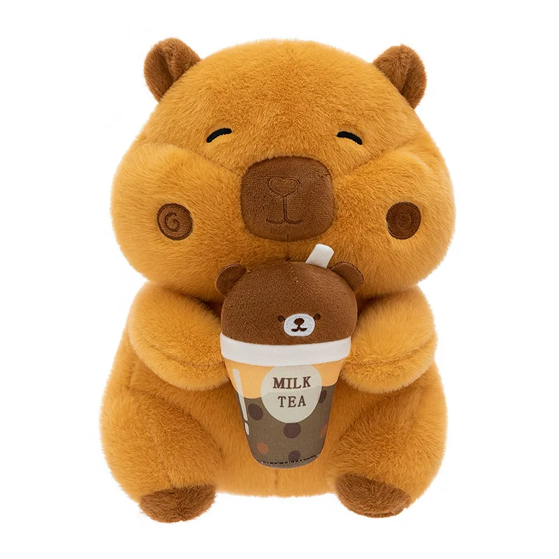 Kawaii Plush Toy Capybara Holding Milk Tea Cup Stuffed Doll Kids Birthday Gift Large Cuddly Animal for Children Sleep Companion