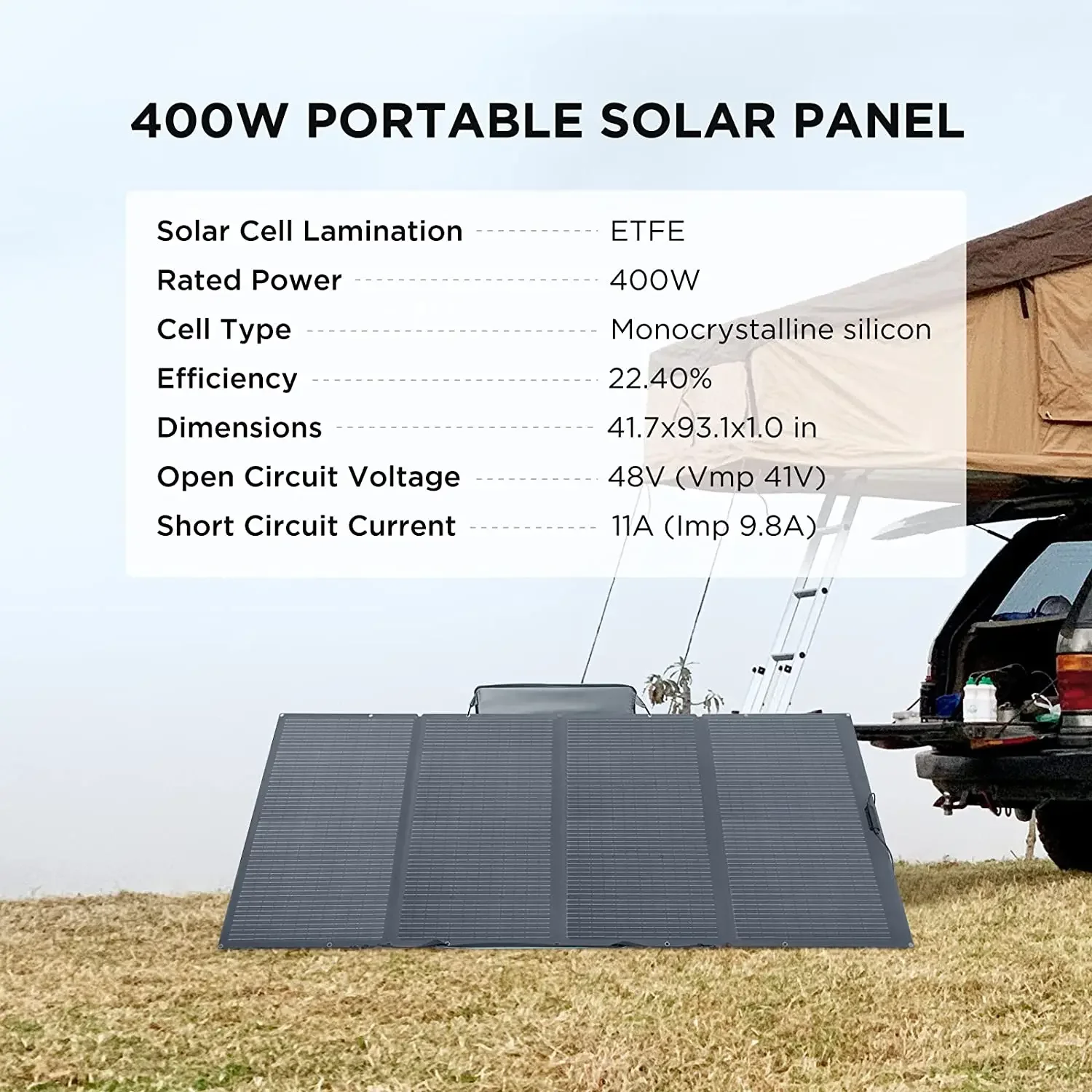 Panel surya portabel 400W, dapat dilipat & tahan lama, lengkap dengan sarung penyangga yang dapat disesuaikan, tahan air IP68 untuk luar ruangan