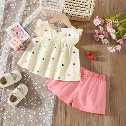 Summer 2/piece set of short sleeved shorts for baby girls with polka dot printed small flying sleeves and solid color shorts