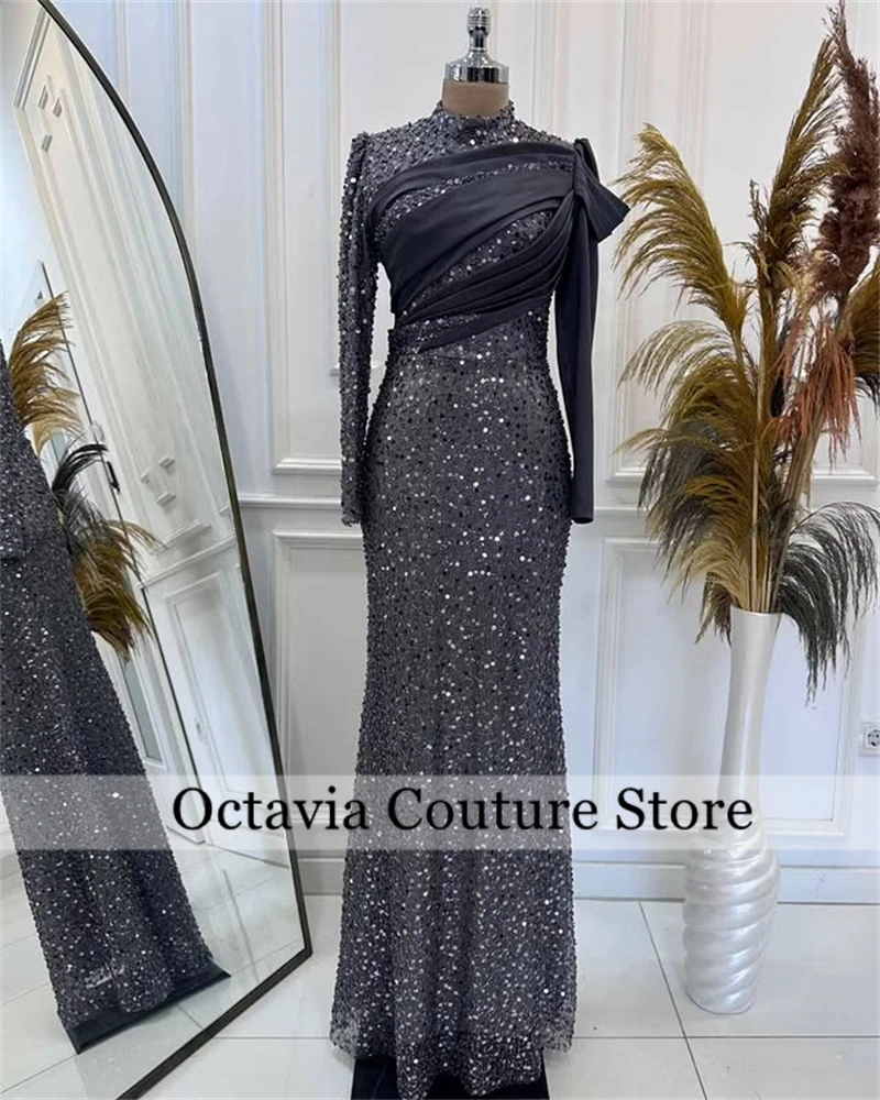 

Shiny Sequin Evening Dress High Neck Long Sleeve Straight Floor Length with Pleat Women Customized Wedding Party Gownsفستان وردي