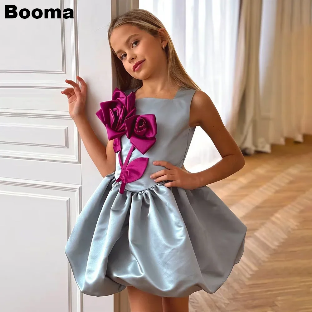 

Girls' Sleeveless Flower Girl Dress Light Blue Satin with Big Pink Rose Appliques Puff Ball Skirt Elegant Party Gown for Wedding