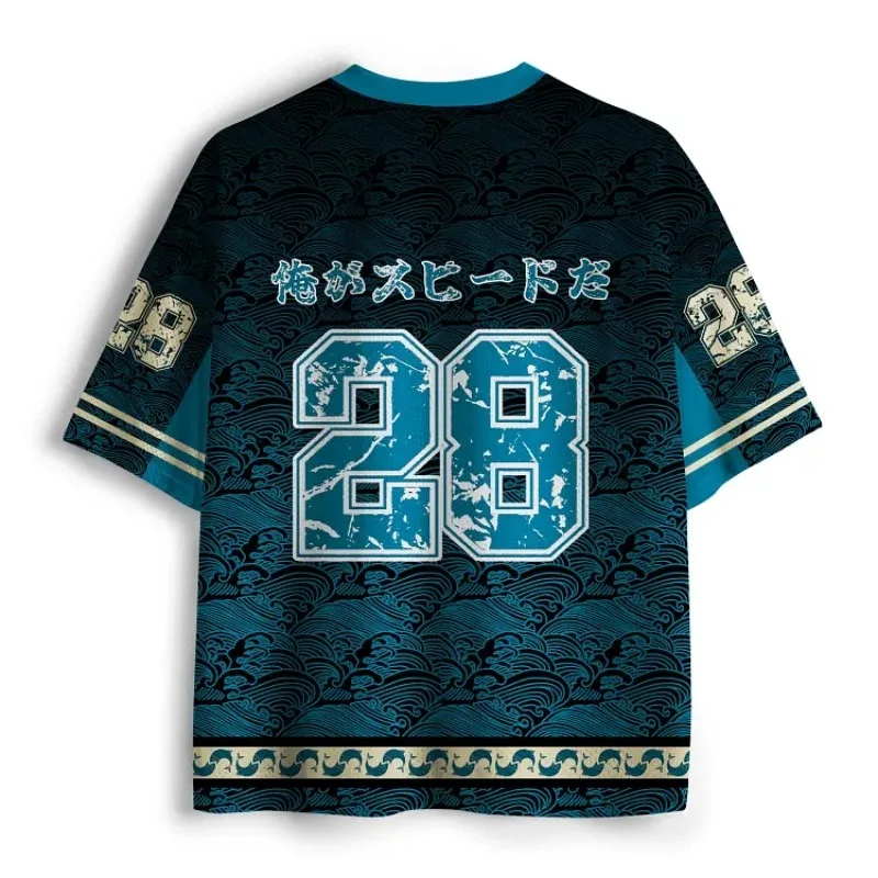 Outdoor Sea Fishing Style V-neck Short Sleeved Shirt Japanese Ukiyo-e Marlin Archery Print Men's Loose T-shirt