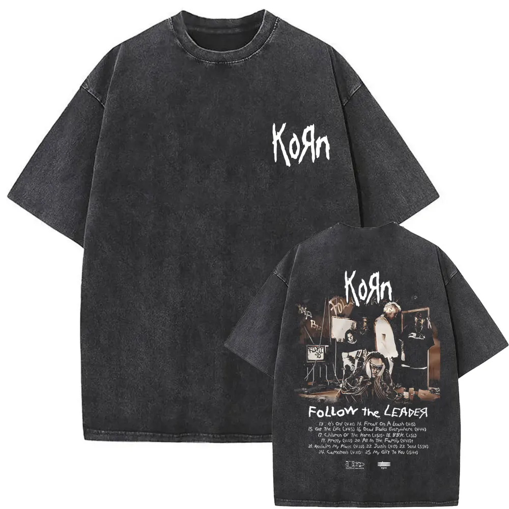 Washed Vintage Rock Band Korn Follow The Leader Double Sided Print Tshirt Rare Nu Metal Music Tees Men Gothic Oversized T Shirt