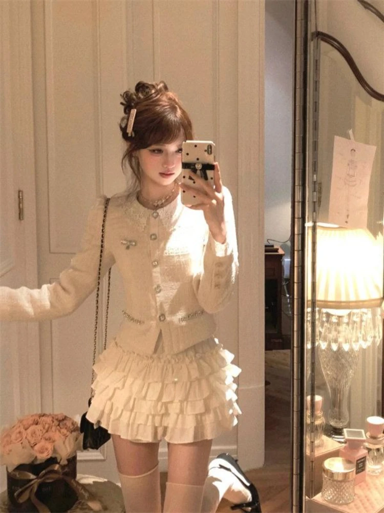 Korean Style Tweed Jacket Elegant Short Skirt 2 Piece Set Women Autumn Outfit Chic High End Retro Vintage Aesthetic Streetwear image 4