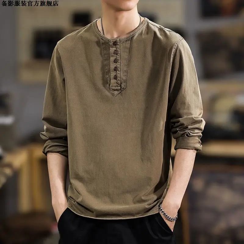

Men's Retro Round Neck Long Sleeve T-Shirt Loose Cotton Base Layer Korean Style Autumn Spring Tops