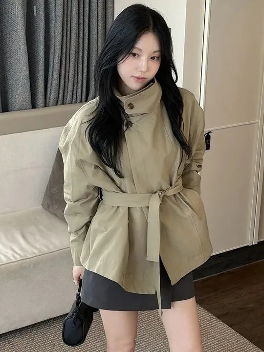 

Korean Sle Autumn Winter Simple High-End Briti Windbreaker Women's Loose Belted Versatile ort Design Outerwear