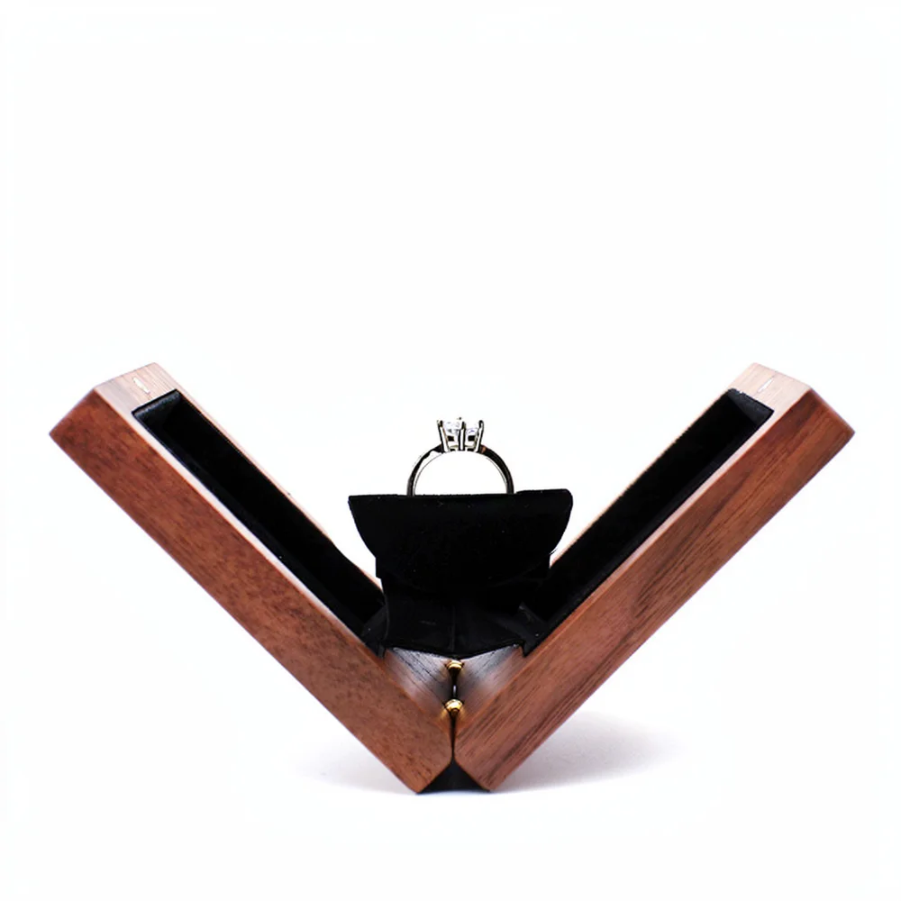 Solid Walnut Wood Jewelry Box Rotating Ring Holder Wedding Proposal Engagement Organizer Portable Compact Storage