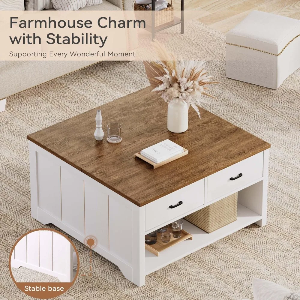 Square Coffee Table Lift Top, Wood Tea Table with Big Open Storage Living Room, Coffe Tables Rustic Center Table with 2 Drawers