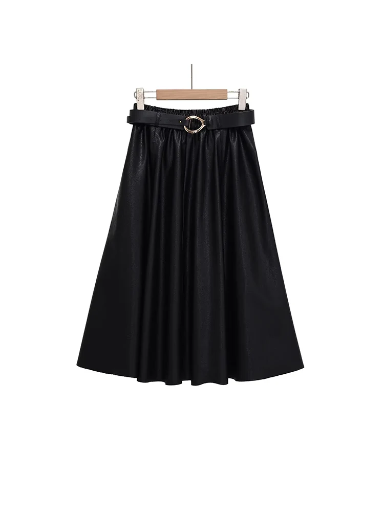

European style new women's clothing, fashionable, versatile, elegant, simple solid color belted faux leather midi skirt.