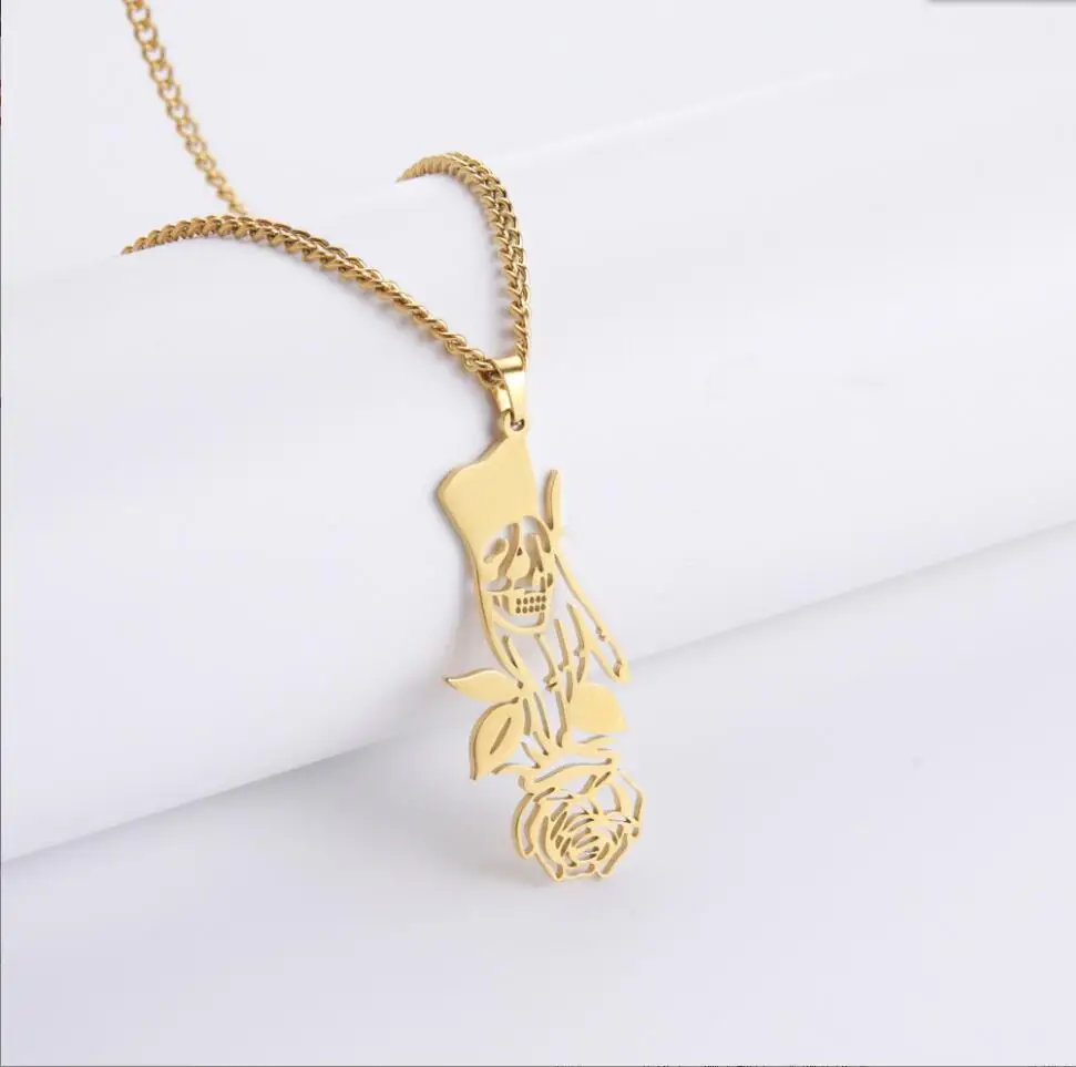 1PC Stainless Steel  Rose  Necklace Women Men   Jewelry Darkness Witchy Gifts  Rose Pendant Skull F1394
