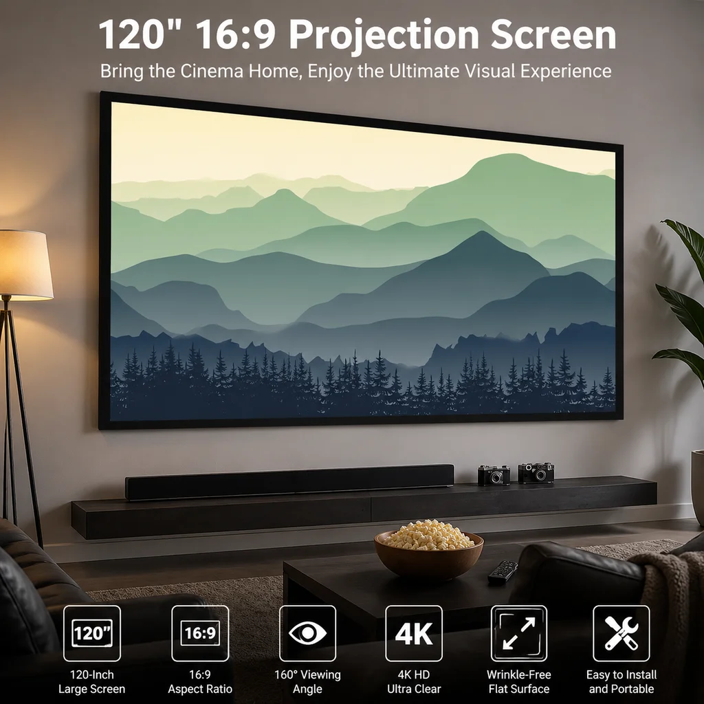 Image of Aluminiumrahmen 120 Zoll 16:9 Projektorleinwand, 160 ° Betrachtungswinkel, 4K HD Federzug-Projektionsleinwand mit Anti-Licht-Beschichtung, Faltbare Wandmontage-Leinwand für Innen- und Außen-Heimkino