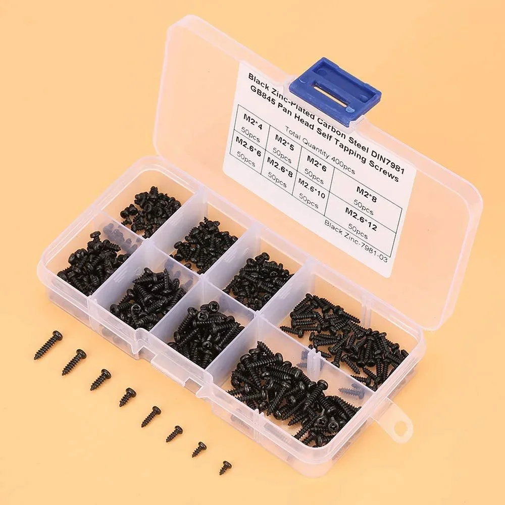 

400PCS Screws Self-Tapping Screws,Black M2*4/5/6/8 M2.6*6/8/10/12 Cross Pan Head Self Tapping Metal Screws Set Assortment Kit