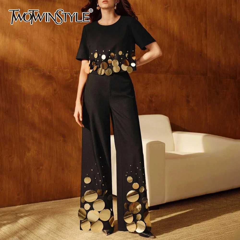 

TWOTWINSTYLE однотонный комплект из двух предметов с блестками, женская футболка с круглым вырезом и короткими рукавами, роскошный женский комплект брюк, модный комплект