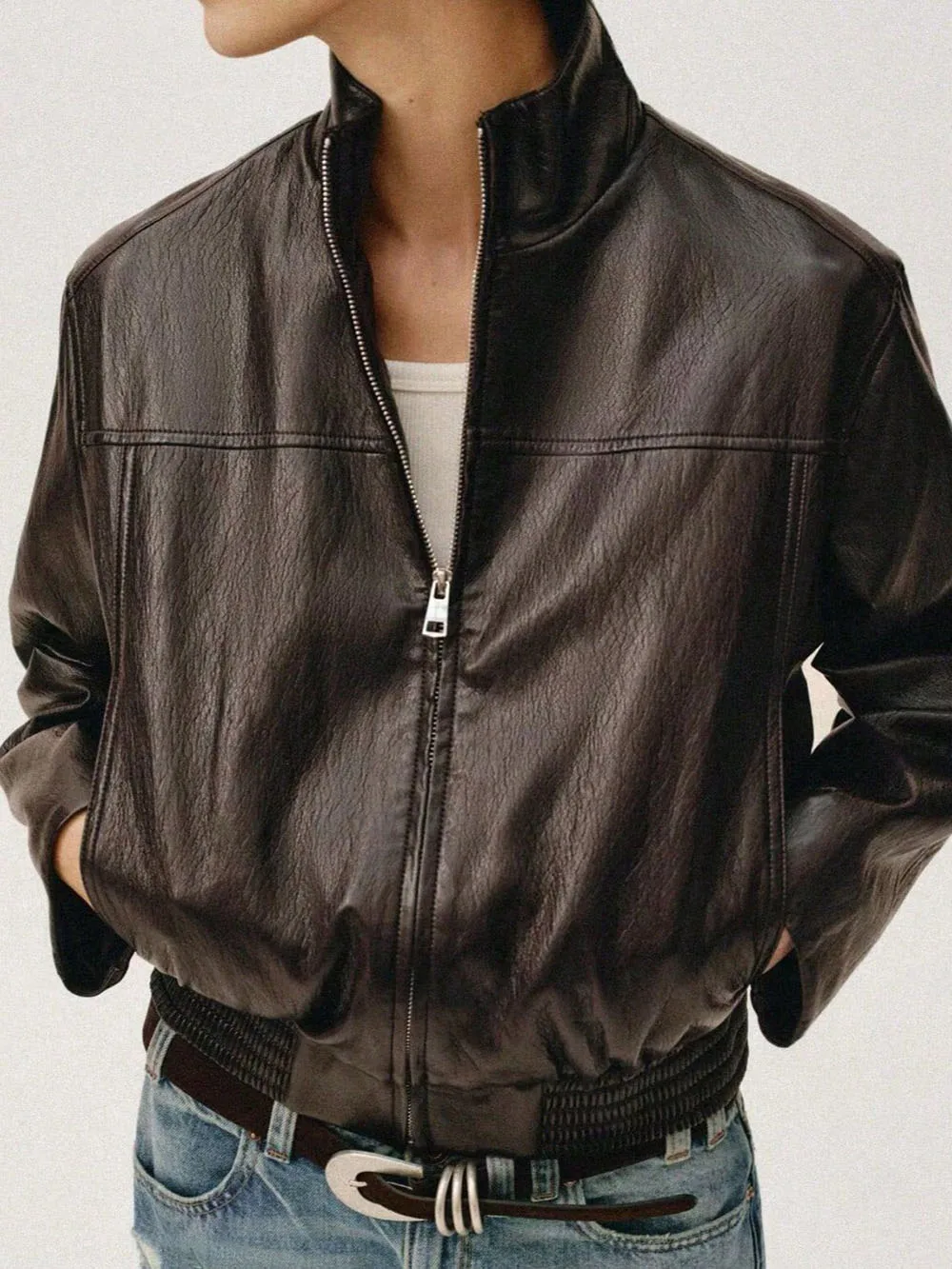 Brown Women PU Leather Jacket Short Classic Design Stand Collar Top Windproof Warm Coat Daily Commute Casual Style Outerwear