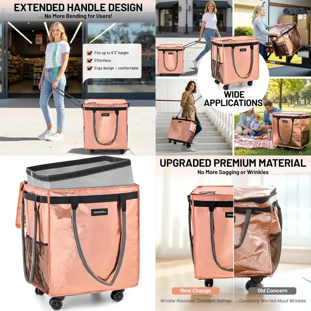 

Сумка-тележка для продуктов со съемным вкладышем, тканью, не оставляющей складок, устойчивыми колесами и выдвижной ручкой, вместимостью до 66 л для покупок.