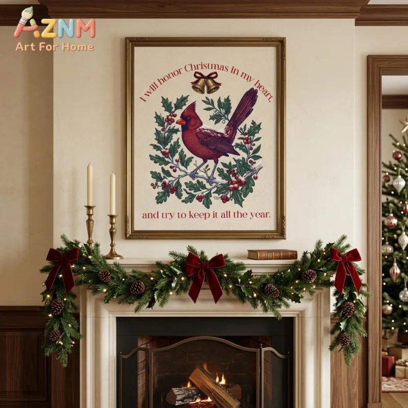 Vintage Christmas Cardinal Bird Canvas Wall Art Holly Berry Bell Quote Print Winter Decor for Wall Print Unframed Canvas Poster