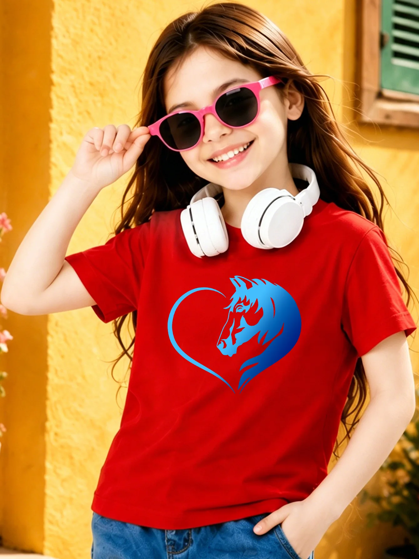 Gradient Blue Heart Horse Head Print Kids T Shirt Boy Girl Cotton Short Sleeve Parent Child Animal Style Summer Casual Basic Tee