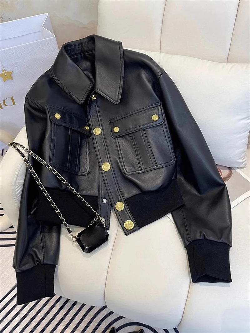 Chic Black Lapel Women Jacket Gold Buttons Flap Pockets Moto Short Coat Cropped Ribbed Trim Y2K Biker Streetwear Outerwear Top