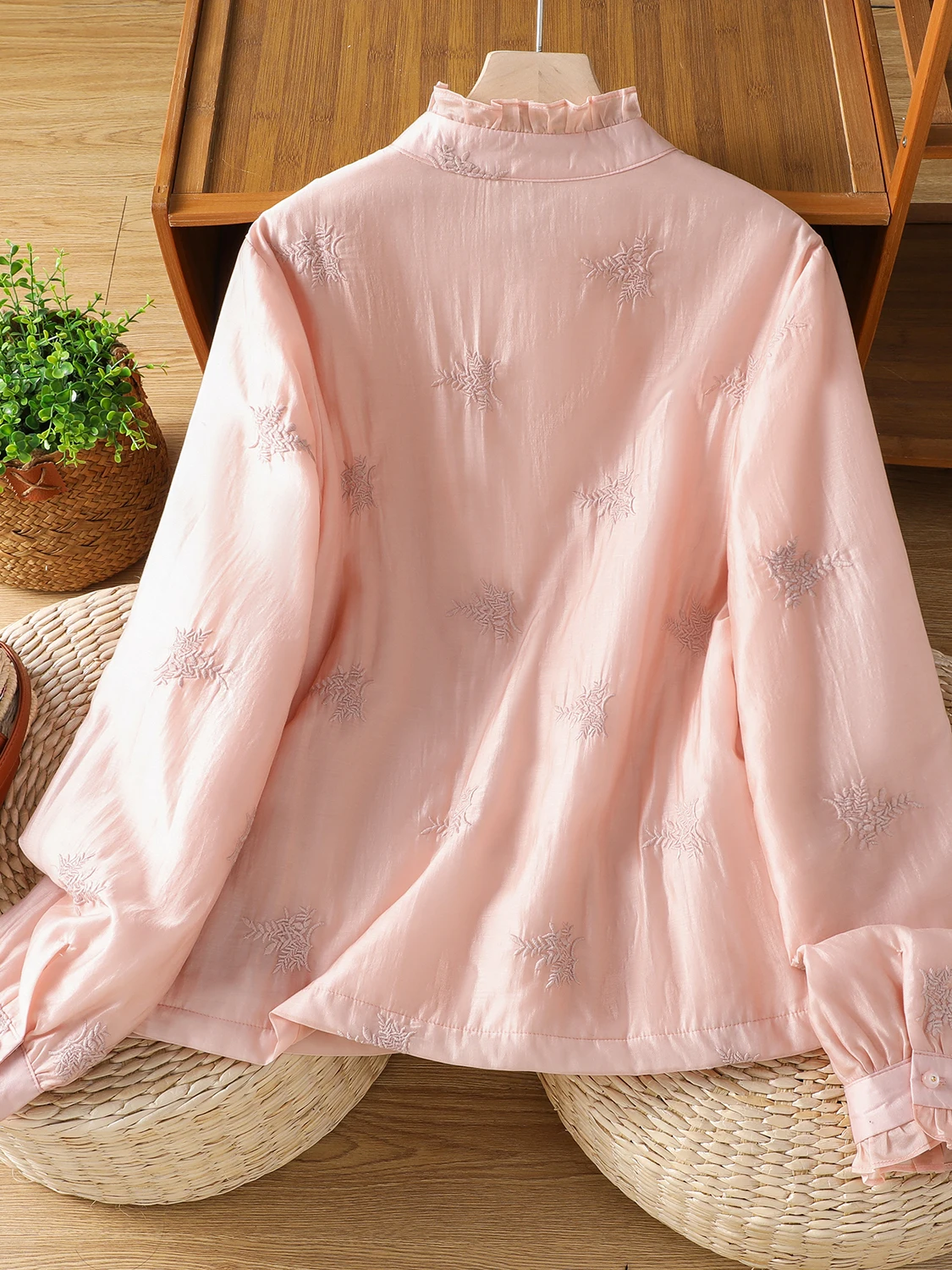 Retro Embroidered Stand Collar irt Women's Cotton Padded Warmth Clothing Long Sve Single Button Floral Patterned