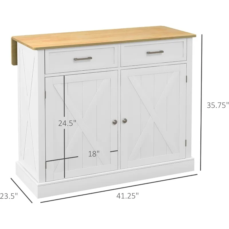 Rolling Kitchen Island with Drop Leaf Wood Breakfast Bar,Kitchen Cart with 2 Drawers, Adjustable Shelves for Dining Room, White