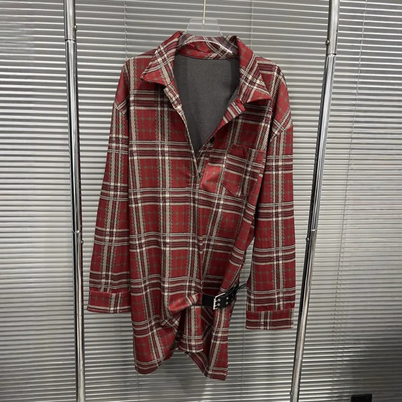 HKSH Spring Autumn New Women Shirt Dress Plaid Single Breasted Belt Waist Long Sleeves American Retro Chic Short Dresses HK16656