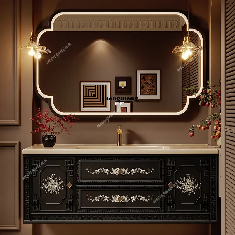 Hot sales Designer Printed French Retro Oak Bathroom Cabinet Combination Ceramic Integrated Washbasin Washstand
