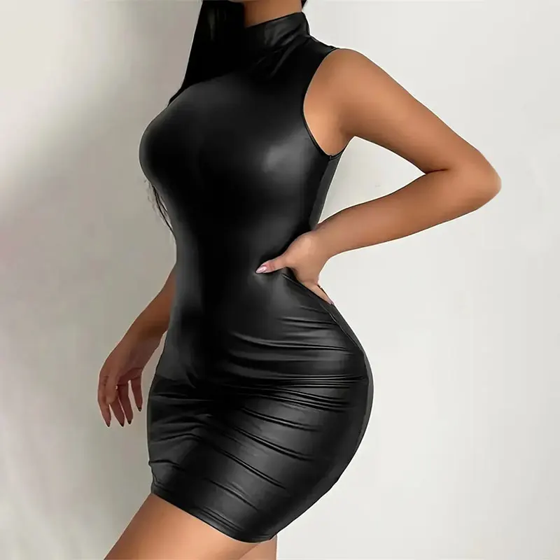 Kobiety Lato Seksowna Impreza Bez Ramiączek Bodycon Pu Leather Slim Package Hip Black Club Party Mini Krótka Sukienka Sundress Odzież Damska