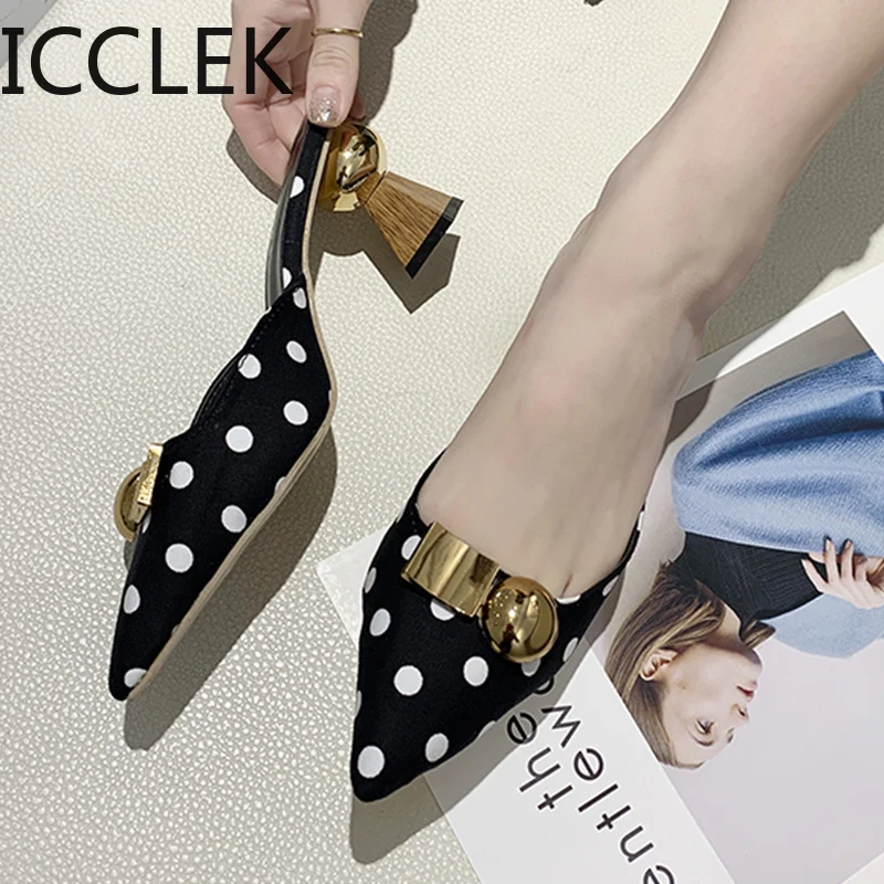 2020 Autumn Chic Dot High Heels Women Slippers  Metal  Buckle Black White Dots Pointed Toe Ladies Elegant Ladies Pumps Shoes