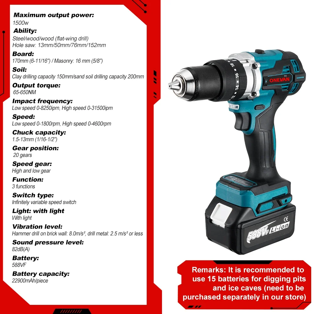 Onevan-Brushless Furadeira Elétrica, Chave de Fenda Elétrica, Furadeira de Impacto 3in 1, Ferramenta Elétrica para Makita, Bateria 18V, 13mm, Torque 20 + 3