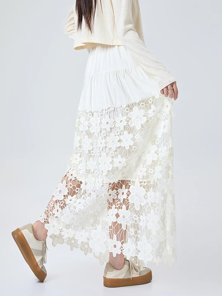 Women's skirt Spring Summer Crochet Lace High Waist A-Line Midi Hollow Out Embroidered Tiered Elegant Flowy Female Faldas SK121
