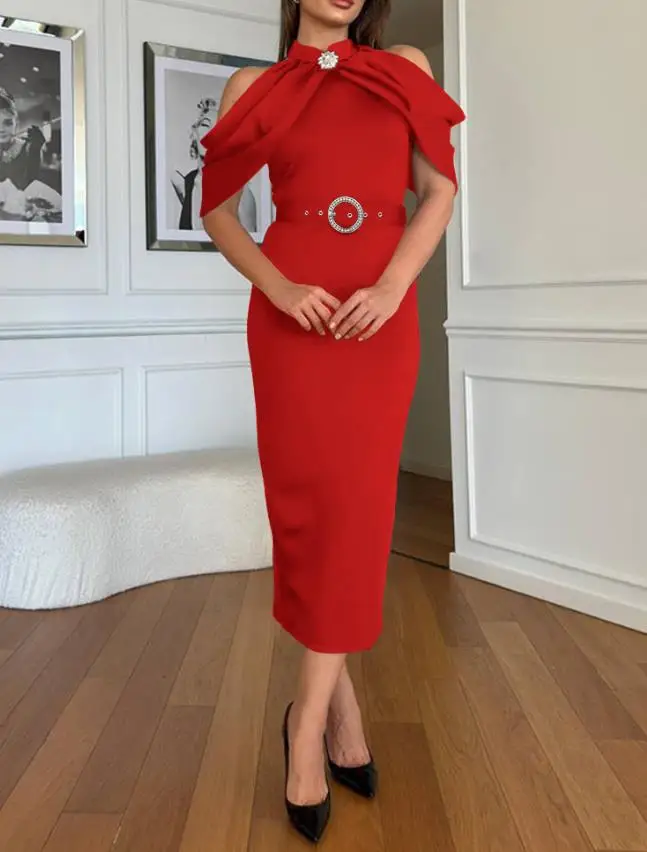 

Sexy Chic Plain High Neck Party Dress with Cold Sleeves and Sparkling Rhinestones Decor Elegant Slim Fit Midi Dress (With Belt)