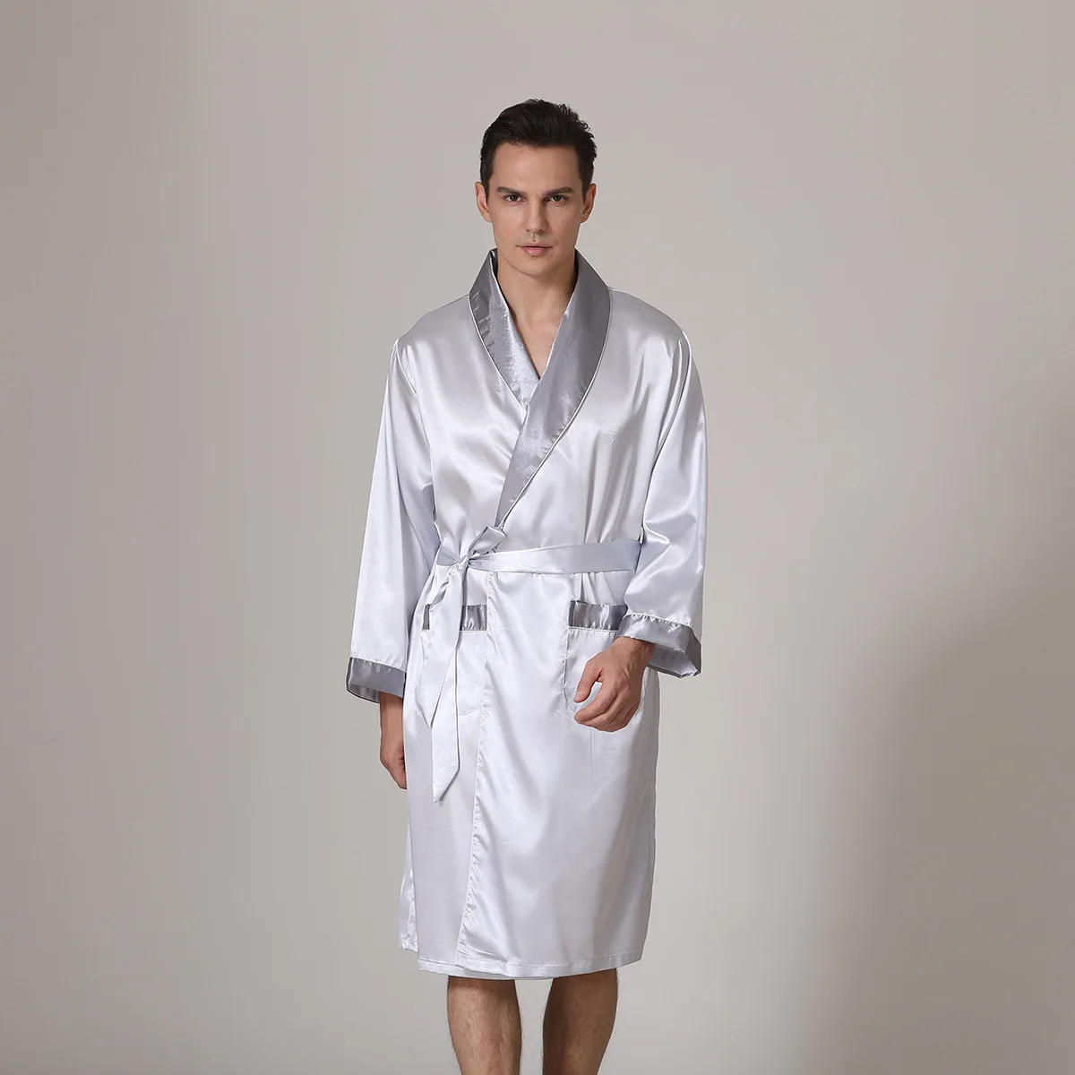 Men Kimono Bathrobe Gown Loose Nightwear Loungewear Silk Stain Home Clothes Male Casual Sleepwear Night-Robe with Belt